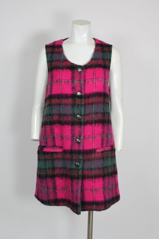 Whimsical and edgy - hot pink wool blend plaid ensemble of long vest ans mini skirt. punk rock and mod.