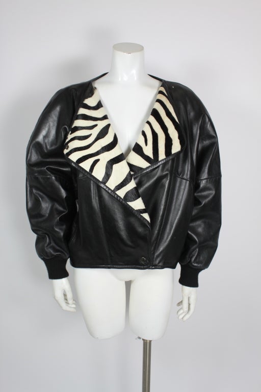 Women's or Men's Claude Montana Leather Jacket w Zebra Ponyhair Lapel