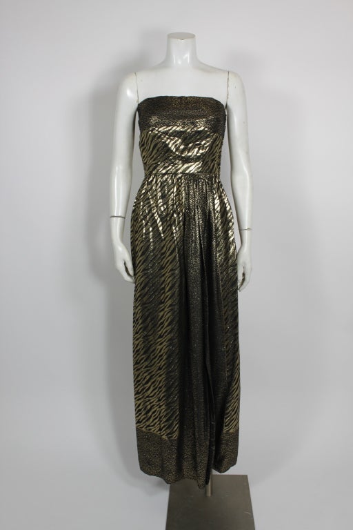 Black Trigere 1980s Exotic Animal Print Gold Lamé Gown w/ Scarf For Sale