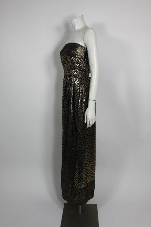 Trigere 1980s Exotic Animal Print Gold Lamé Gown w/ Scarf In Excellent Condition For Sale In Los Angeles, CA