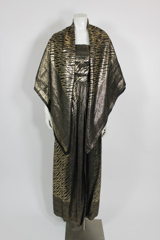 Trigere 1980s Exotic Animal Print Gold Lamé Gown w/ Scarf For Sale 2
