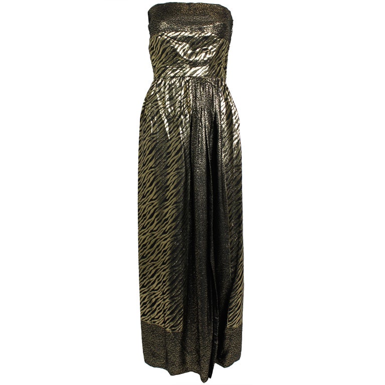 Trigere 1980s Exotic Animal Print Gold Lamé Gown w/ Scarf For Sale
