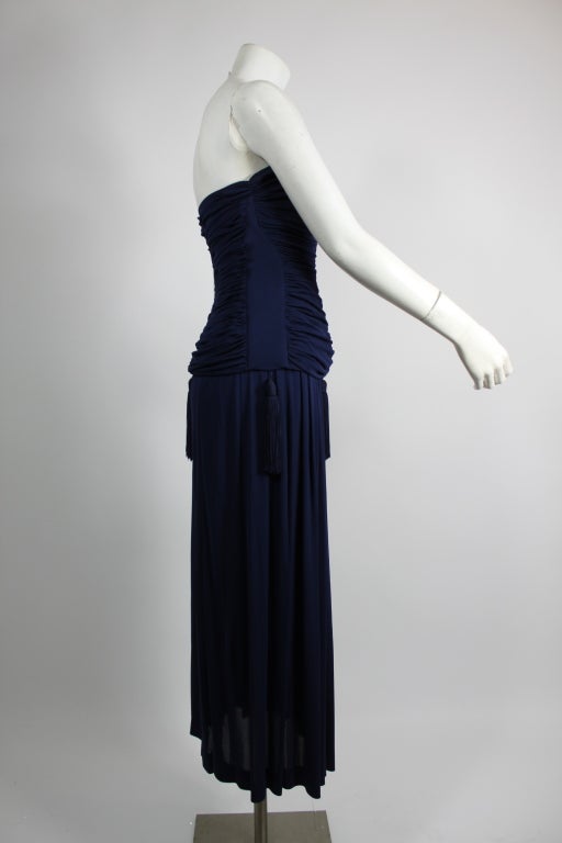 Yves Saint Laurent 1980s Navy Blue Ruched Jersey Ensemble In Excellent Condition For Sale In Los Angeles, CA