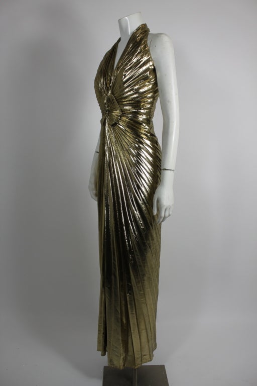 Women's Travilla Gold Metallic Mermaid Gown with Radiating Pleats