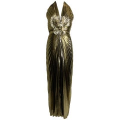 Travilla Gold Metallic Mermaid Gown with Radiating Pleats