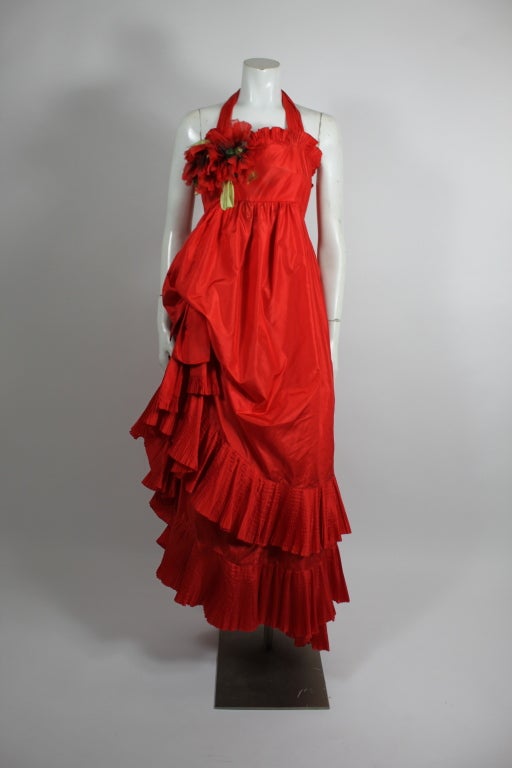 Gina Fratini Red Silk Evening Gown with Floral Applique at 1stDibs