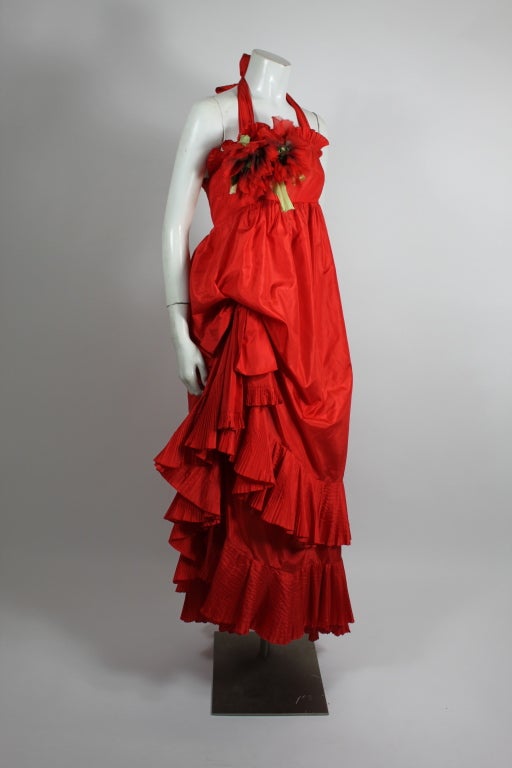Women's Gina Fratini Red Silk Evening Gown with Floral Applique