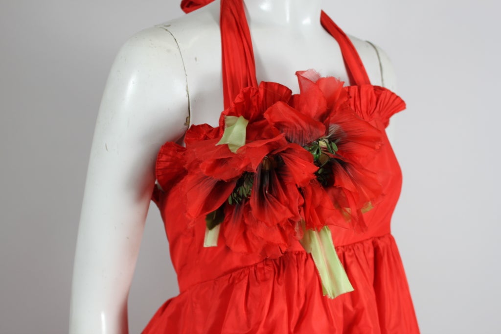 Gina Fratini Red Silk Evening Gown with Floral Applique 3