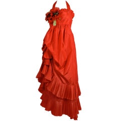 Retro Gina Fratini Red Silk Evening Gown with Floral Applique