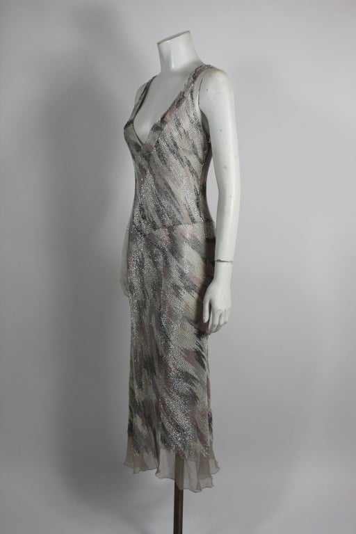 Gray 1980s Pastel Beaded Chiffon Gown with Painterly Houndstooth Motif For Sale