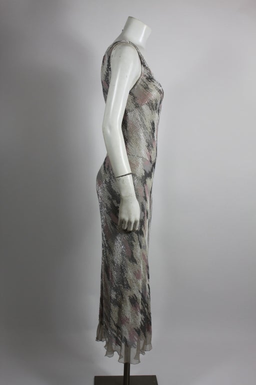 1980s Pastel Beaded Chiffon Gown with Painterly Houndstooth Motif In Excellent Condition For Sale In Los Angeles, CA