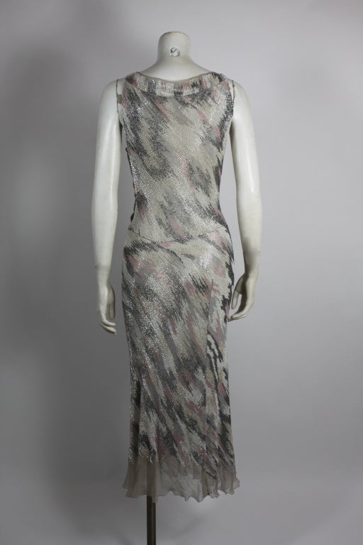 Women's 1980s Pastel Beaded Chiffon Gown with Painterly Houndstooth Motif For Sale