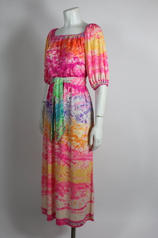 Pink Leonard 1980s Rainbow Painterly Silk Jersey Dress with Belt For Sale
