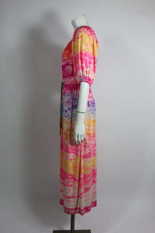 Leonard 1980s Rainbow Painterly Silk Jersey Dress with Belt In Excellent Condition For Sale In Los Angeles, CA