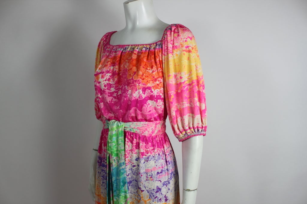 Leonard 1980s Rainbow Painterly Silk Jersey Dress with Belt For Sale 1