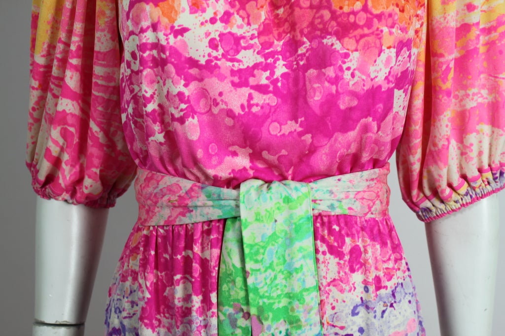 Leonard 1980s Rainbow Painterly Silk Jersey Dress with Belt For Sale 2