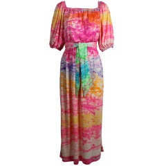 Vintage Leonard 1980s Rainbow Painterly Silk Jersey Dress with Belt