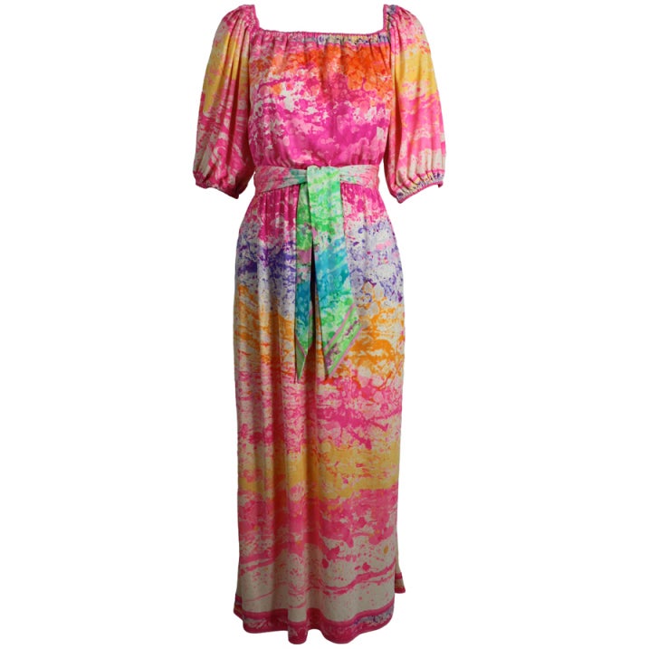 Leonard 1980s Rainbow Painterly Silk Jersey Dress with Belt For Sale