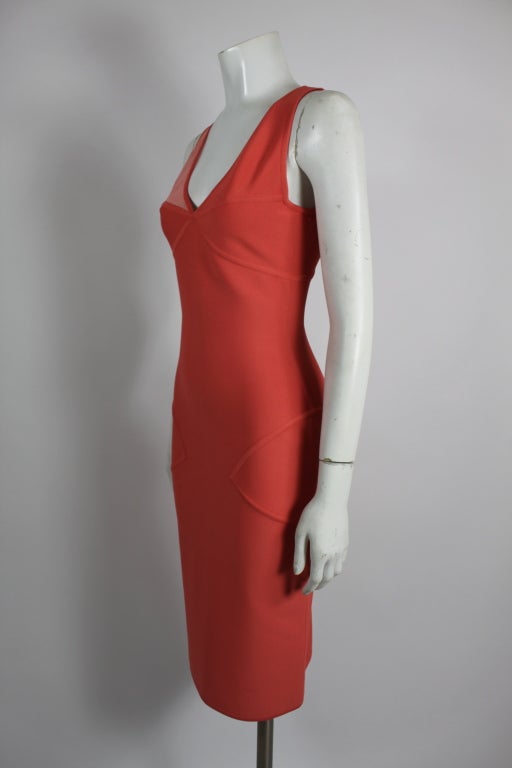 Red Herve Leger Peach Body-Con Cocktail Dress with Lace Panels