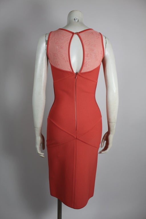 Herve Leger Peach Body-Con Cocktail Dress with Lace Panels 1