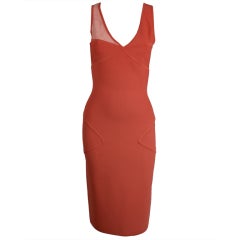 Herve Leger Peach Body-Con Cocktail Dress with Lace Panels