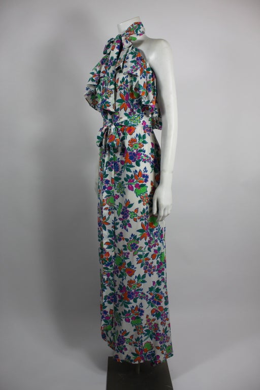 Gray Yves Saint Laurent Vibrant Floral Silk Halter Maxi Dress