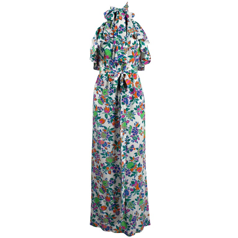 Yves Saint Laurent Vibrant Floral Silk Halter Maxi Dress