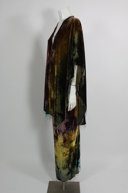 Black Sant'Angelo 1970s Rainbow Velvet Ensemble with Beaded Fringe