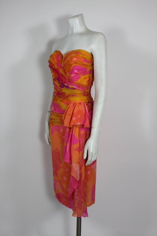 Red Vicky Tiel 1980s Tropical Floral Strapless Party Dress For Sale
