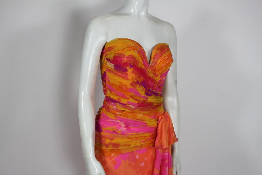Vicky Tiel 1980s Tropical Floral Strapless Party Dress For Sale 1