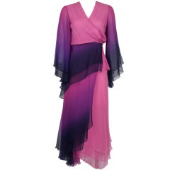1970s Pink and Purple Ombre Chiffon Gown