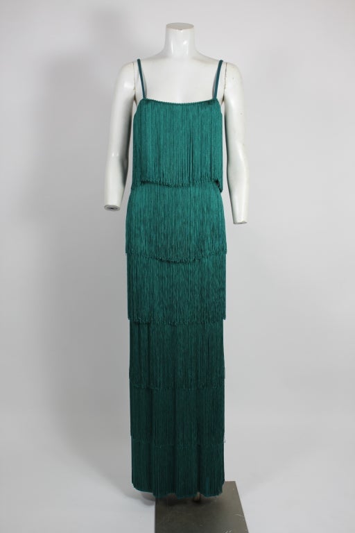 Richeline Teal Tiered Fringe Evening Gown at 1stdibs