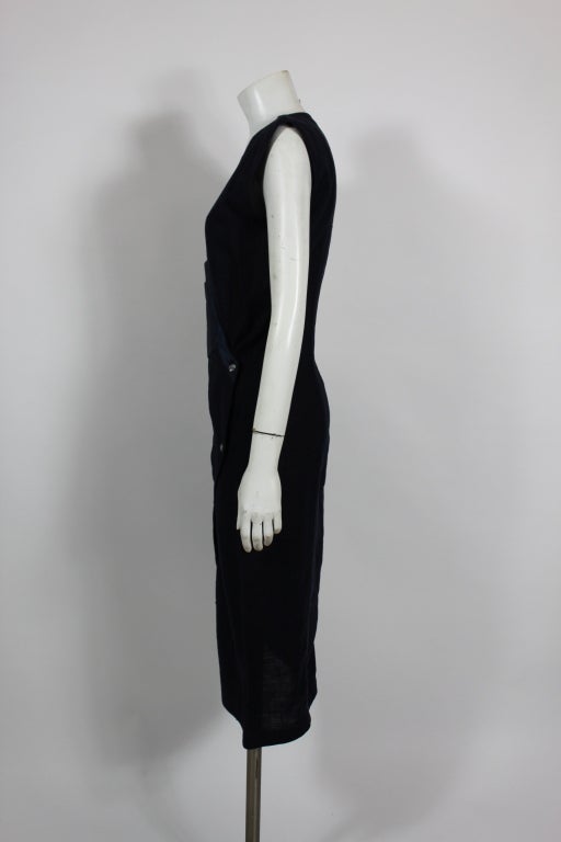 Black Gianni Versace Navy Linen Wrap Dress with Silk Detail For Sale