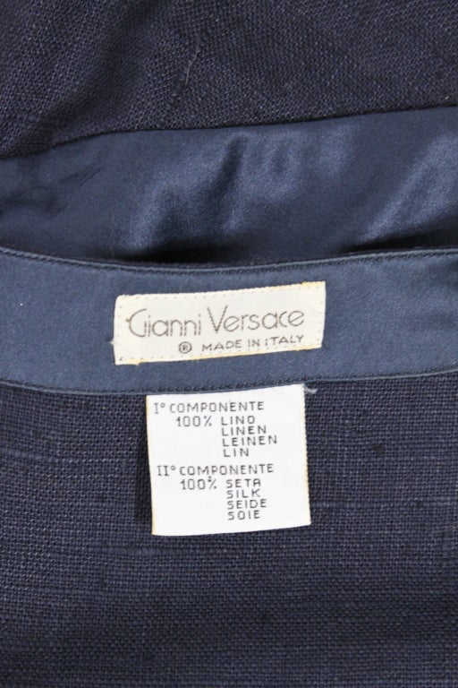 Gianni Versace Navy Linen Wrap Dress with Silk Detail For Sale 2