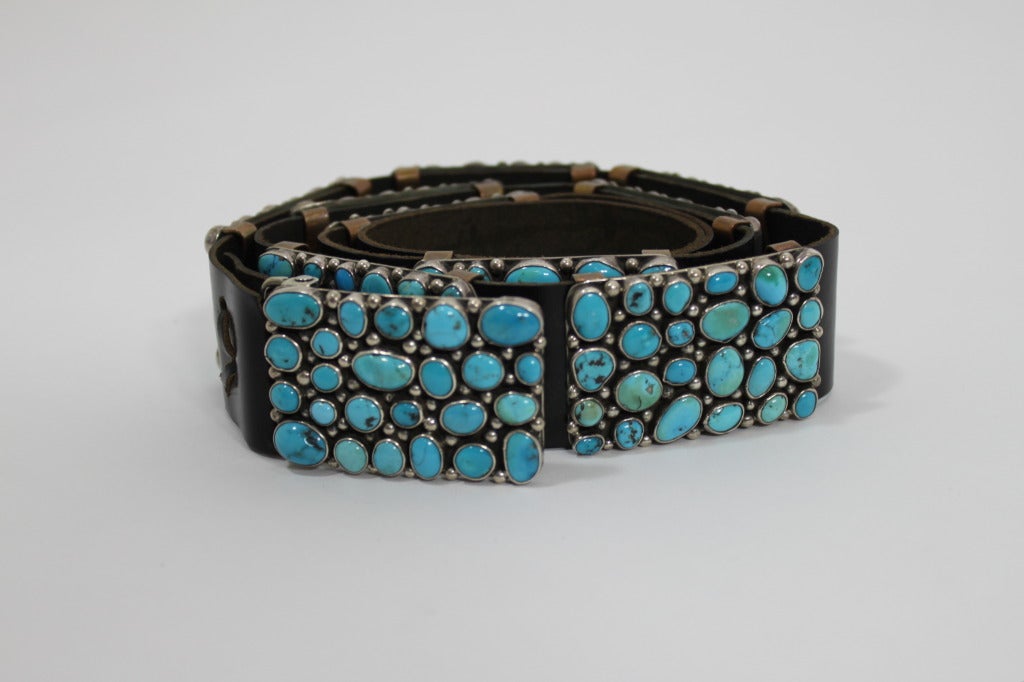 Black Modernist Turquoise Leather Belt set in Sterling Silver For Sale