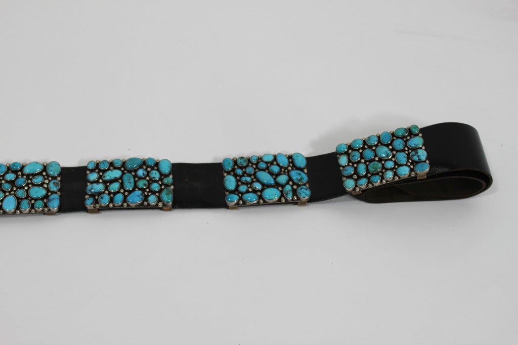 Modernist Turquoise Leather Belt set in Sterling Silver For Sale 1