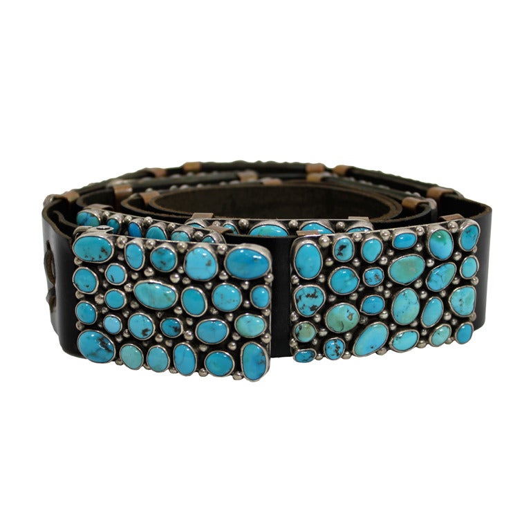 Modernist Turquoise Leather Belt set in Sterling Silver For Sale