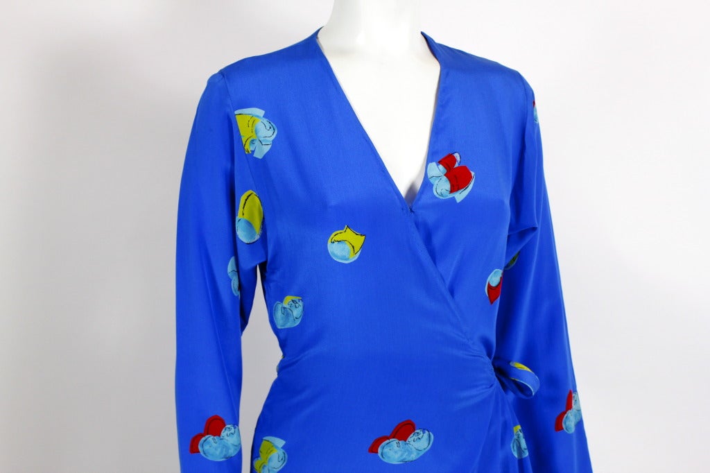 Halston 1970s Royal Blue Silk Wrap Dress with Graphic Floral Print For Sale 1
