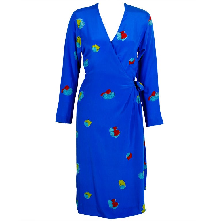 Halston 1970s Royal Blue Silk Wrap Dress with Graphic Floral Print For Sale