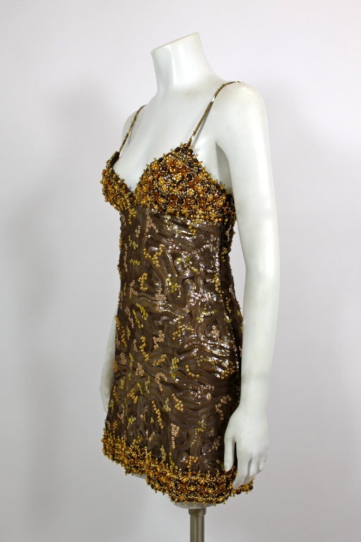 Women's Lancetti Bronze Embellished Micro-Mini Party Dress For Sale