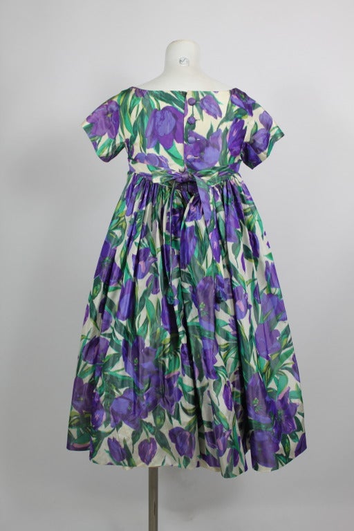 1950s Vibrant Floral Cocktail Babydoll Dress with Attached Cape