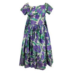 1950s Vibrant Floral Cocktail Babydoll Dress with Attached Cape
