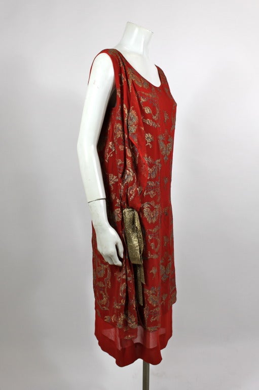 Red 1920s Deep Crimson Flapper Dress with Embroidered Gold Lamé For Sale