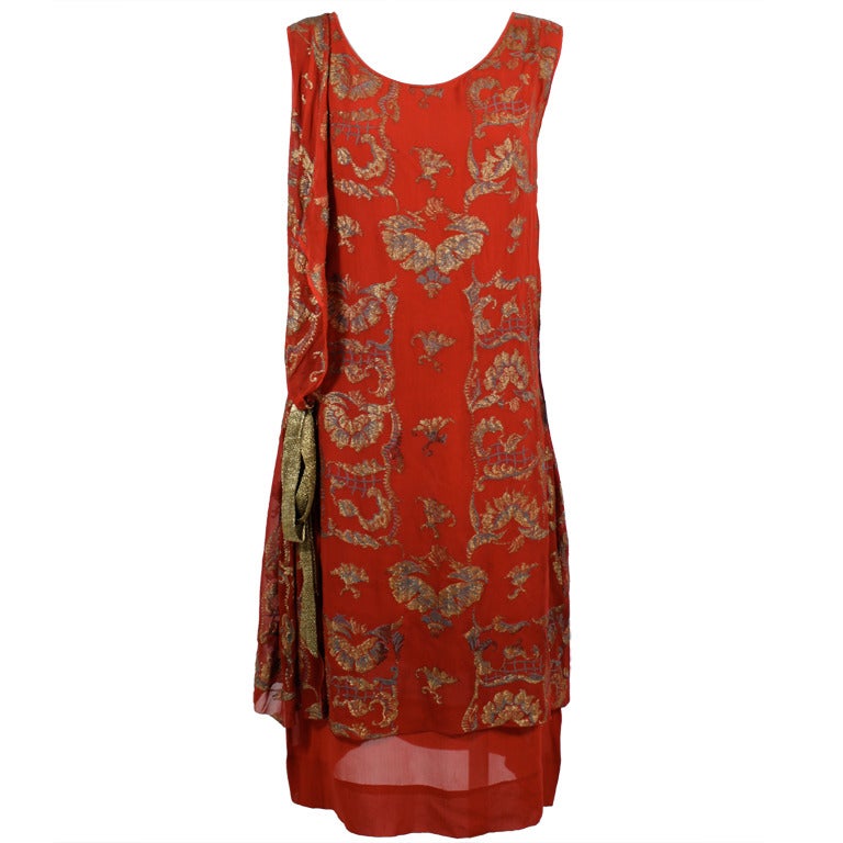 1920s Deep Crimson Flapper Dress with Embroidered Gold Lamé For Sale