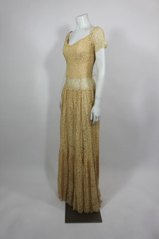 Brown 1960s CHANEL Couture Ivory Lace Tiered Gown For Sale