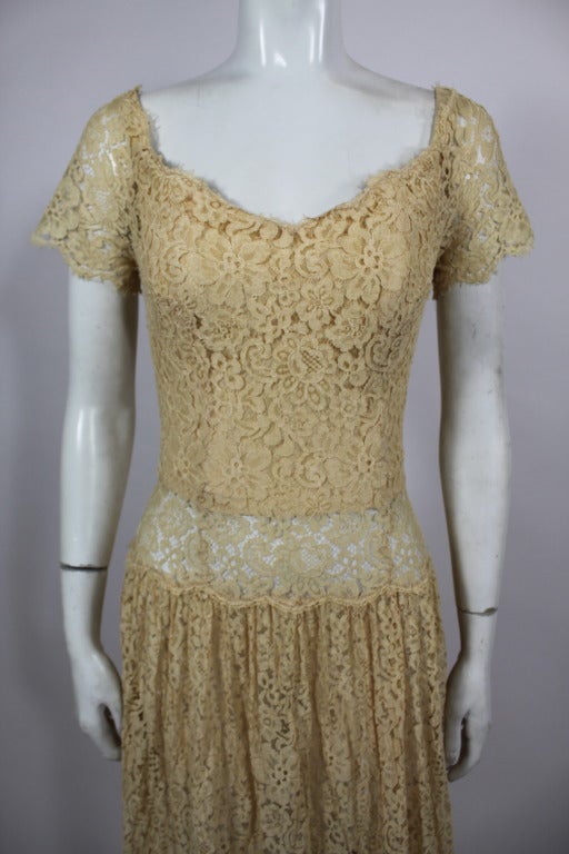 1960s CHANEL Couture Ivory Lace Tiered Gown For Sale 1