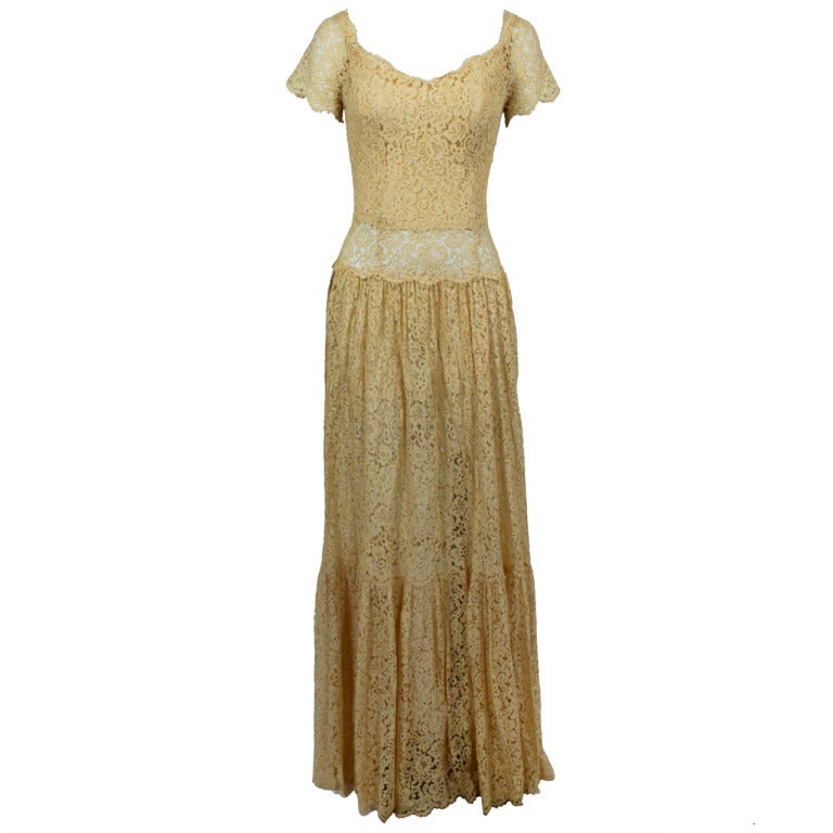 1960s CHANEL Couture Ivory Lace Tiered Gown For Sale
