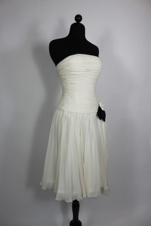 CHANEL Boutique Cream Chiffon Ruched Cocktail Dress with Camellia In Good Condition In Los Angeles, CA