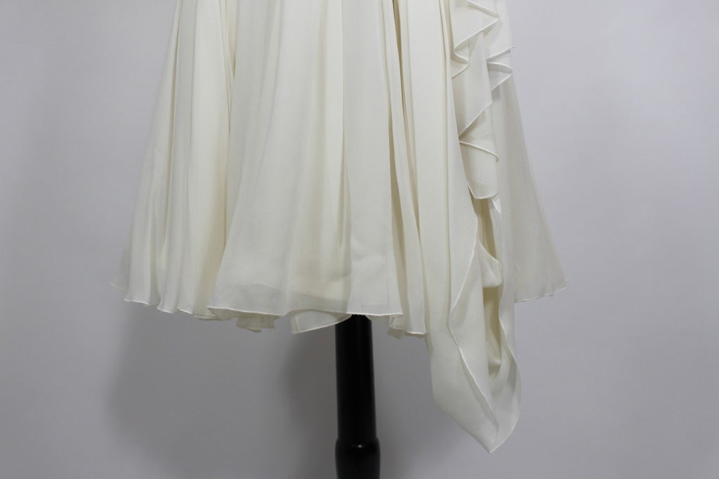 CHANEL Boutique Cream Chiffon Ruched Cocktail Dress with Camellia 2