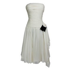 CHANEL Boutique Cream Chiffon Ruched Cocktail Dress with Camellia